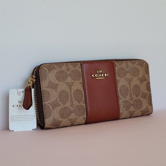 COACH Signature Logo Coated Canvas & Leather Slim Accordion Zip Wallet- Tan Rust - Picture 2 of 16